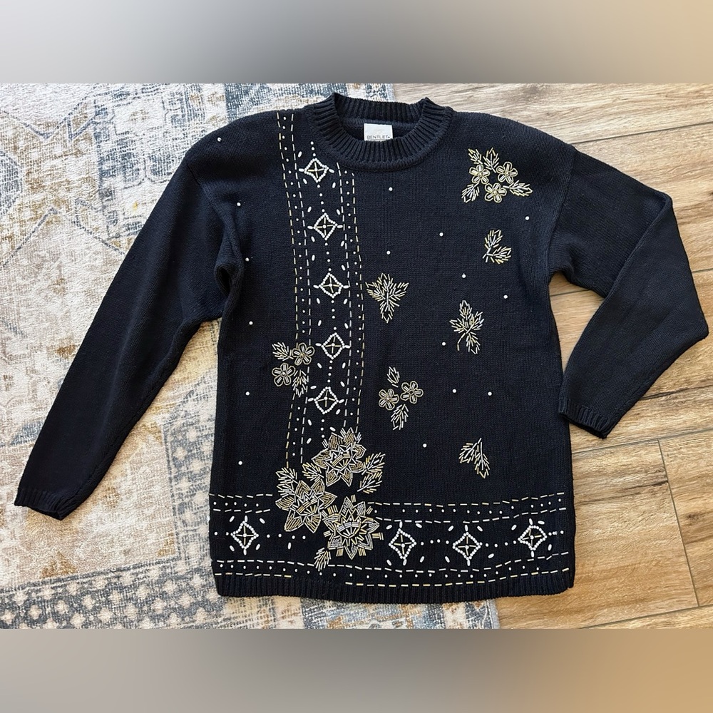 Women’s Vintage 80s Bentley Chic Black Sweater with Gold Beaded Design